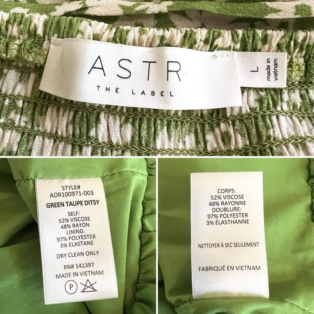 ASTR The Label Green Ditsy Mini Dress Size Large Floral Off Shoulder Puff Sleeve - Picture 3 of 5